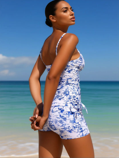 VISTAIXCASE | Provence Toile Set - Porcelain Blue Tankini & Adjustable Side-Tie Shorts