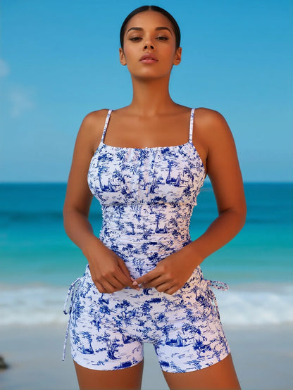 VISTAIXCASE | Provence Toile Set - Porcelain Blue Tankini & Adjustable Side-Tie Shorts