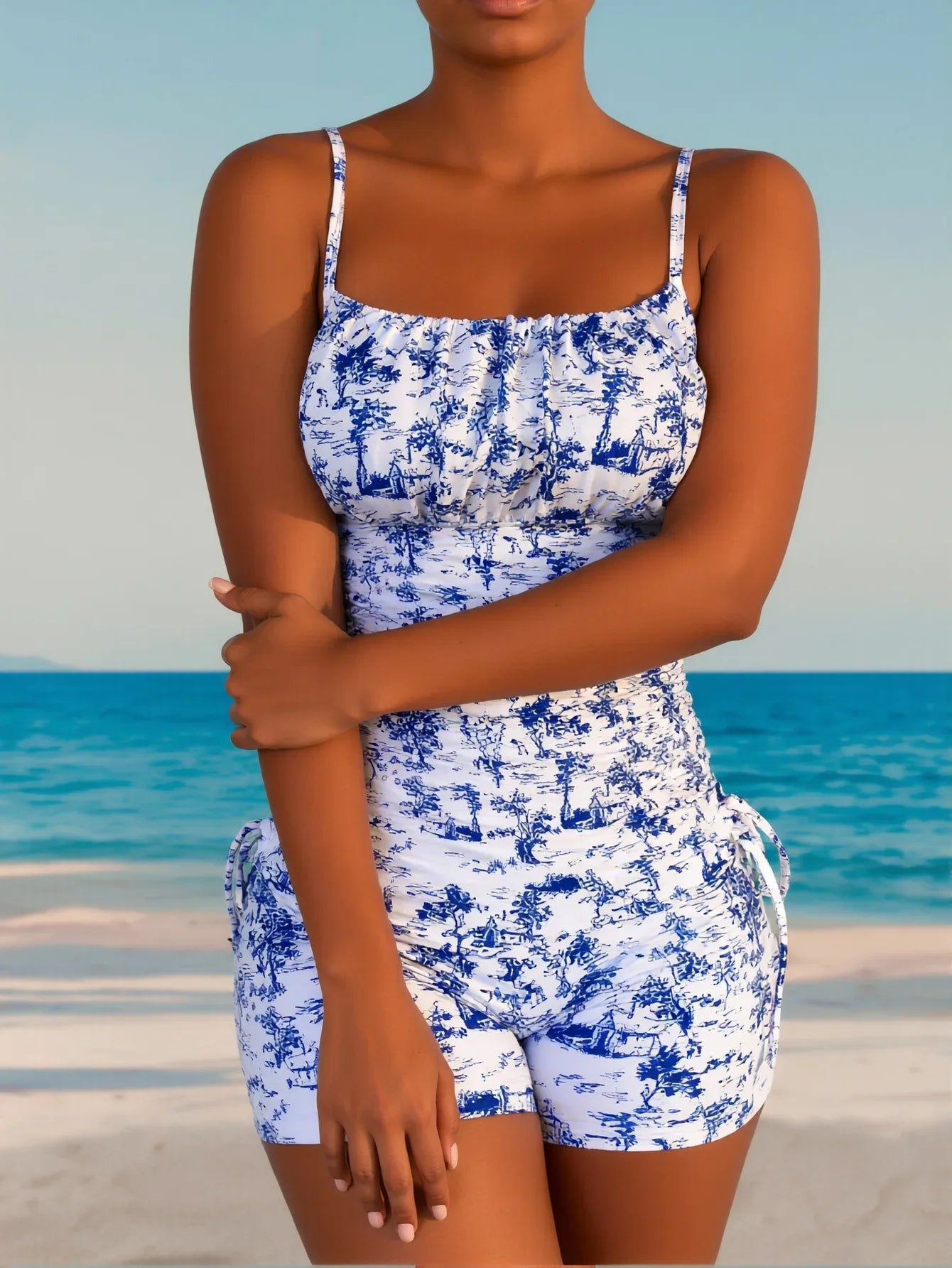 VISTAIXCASE | Provence Toile Set - Porcelain Blue Tankini & Adjustable Side-Tie Shorts