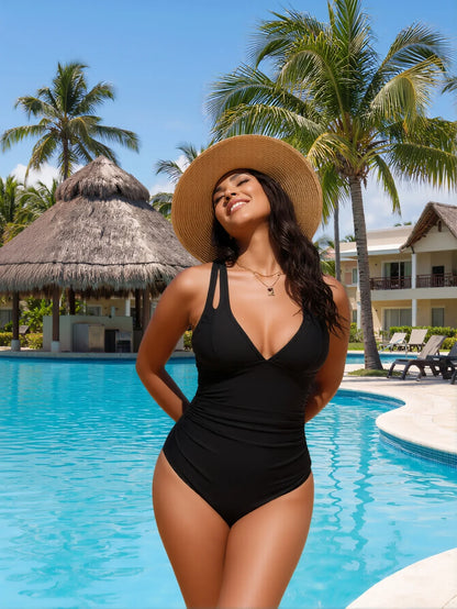 VISTAIXCASE | Noir Essence One-Piece - Sculpting Ruched Swimsuit with Deep V-Neck