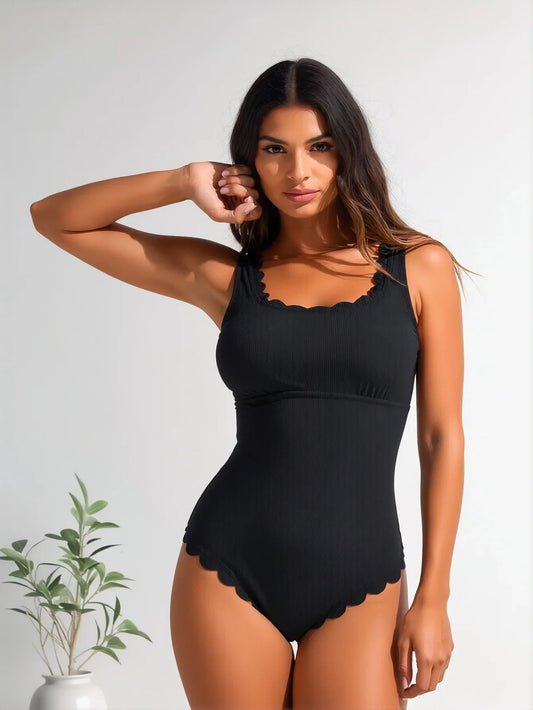 VISTAIXCASE | Scallop Noir One-Piece - Ribbed Texture with Wave-Edge Trim
